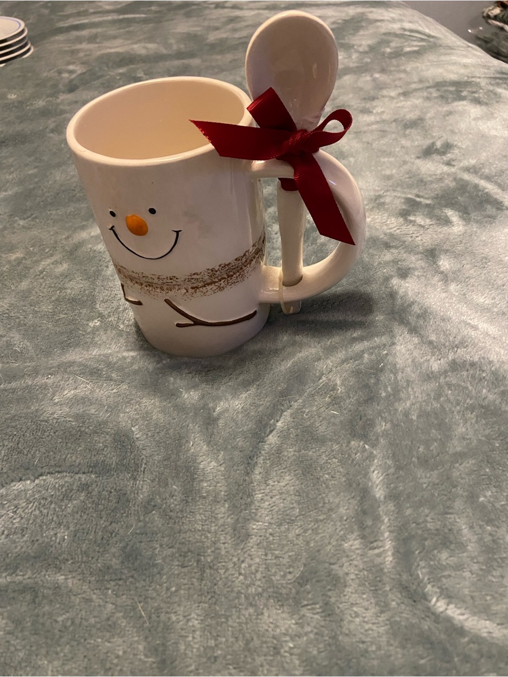 Holiday Time White Snowman Mug with Red Bow and Spoon